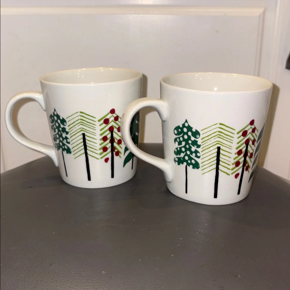 Set of 2 Vintage Crate&Barrel Jenny Bowers Christmas Tree Mugs from 2014, 16 Oz